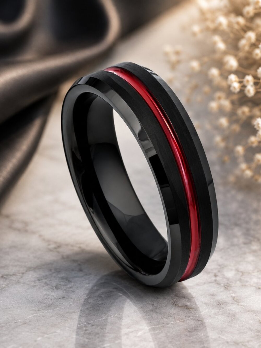 Black Brushed Tungsten Ring with Red Groove Accent - GALTUN954-8